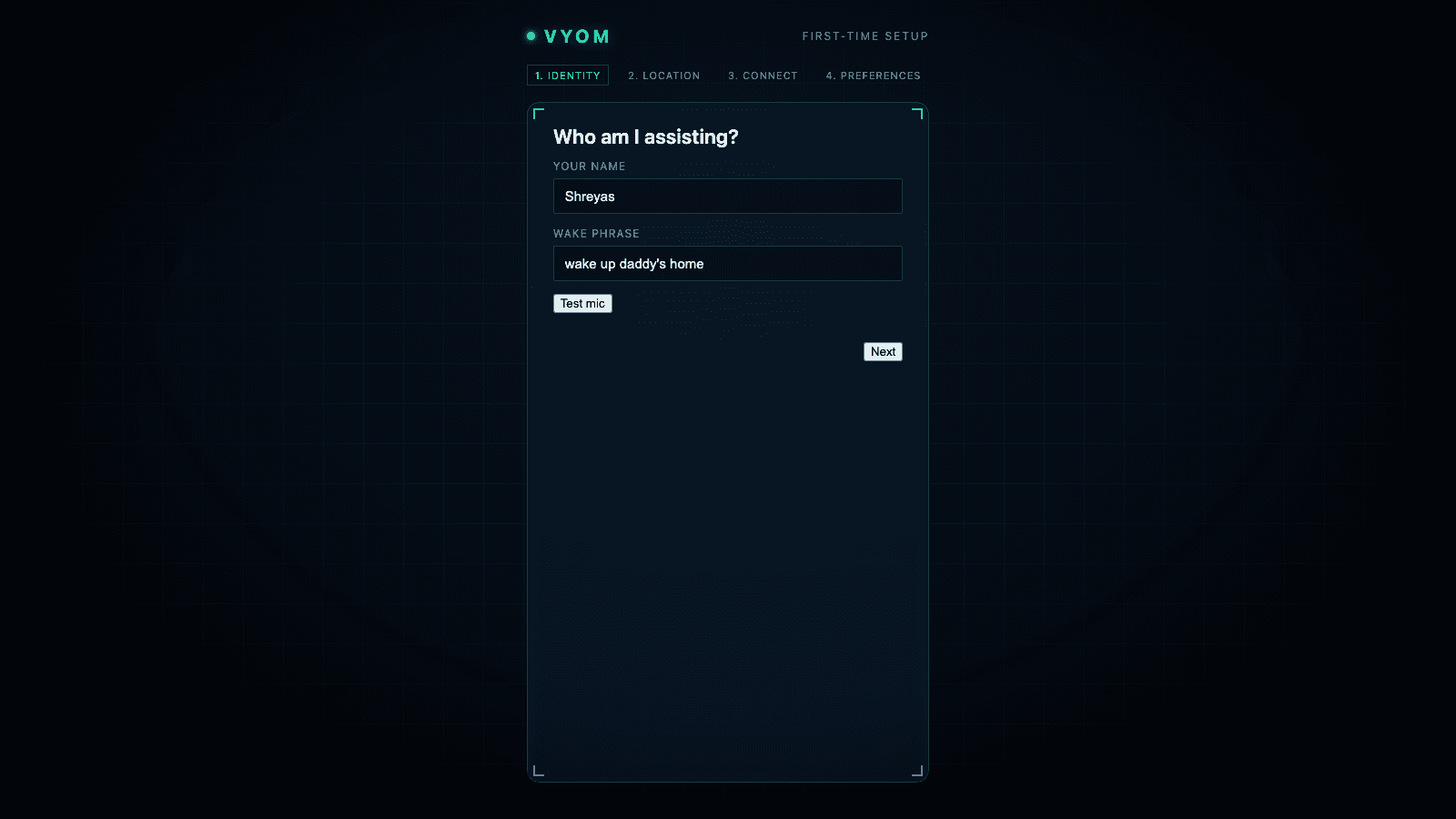 MahatOS onboarding: identity step with name, wake phrase and mic test