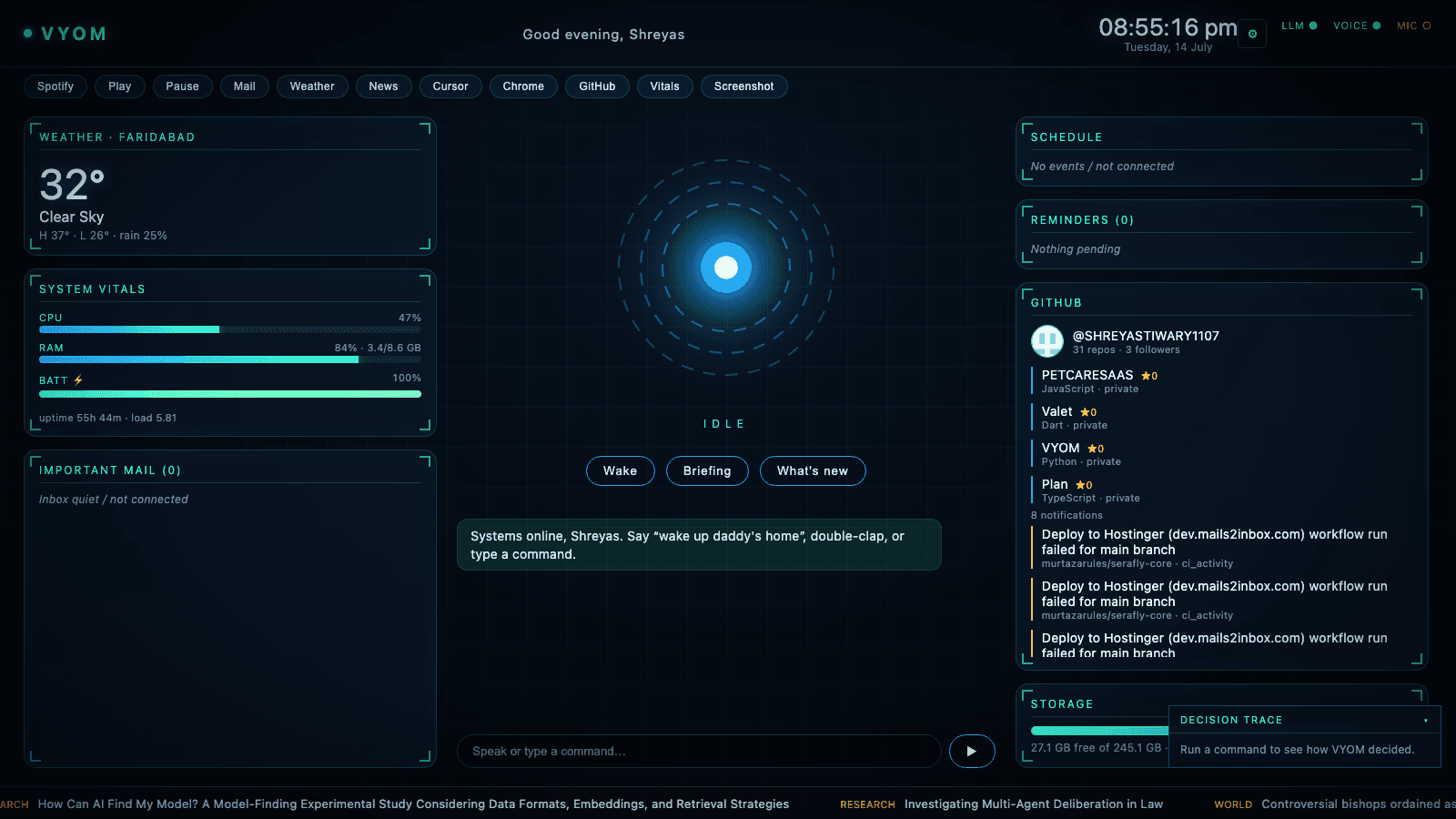 The main MahatOS HUD: weather, system vitals, mail, GitHub, reminders and the command bar
